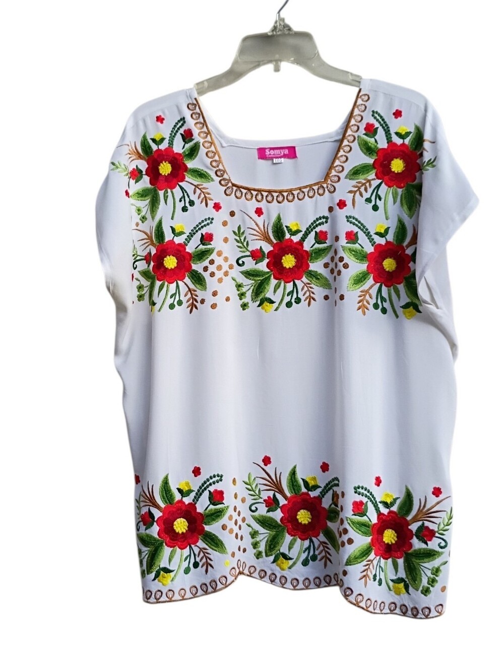 Embroidered White Floral Mexican Top sz EEG XXL